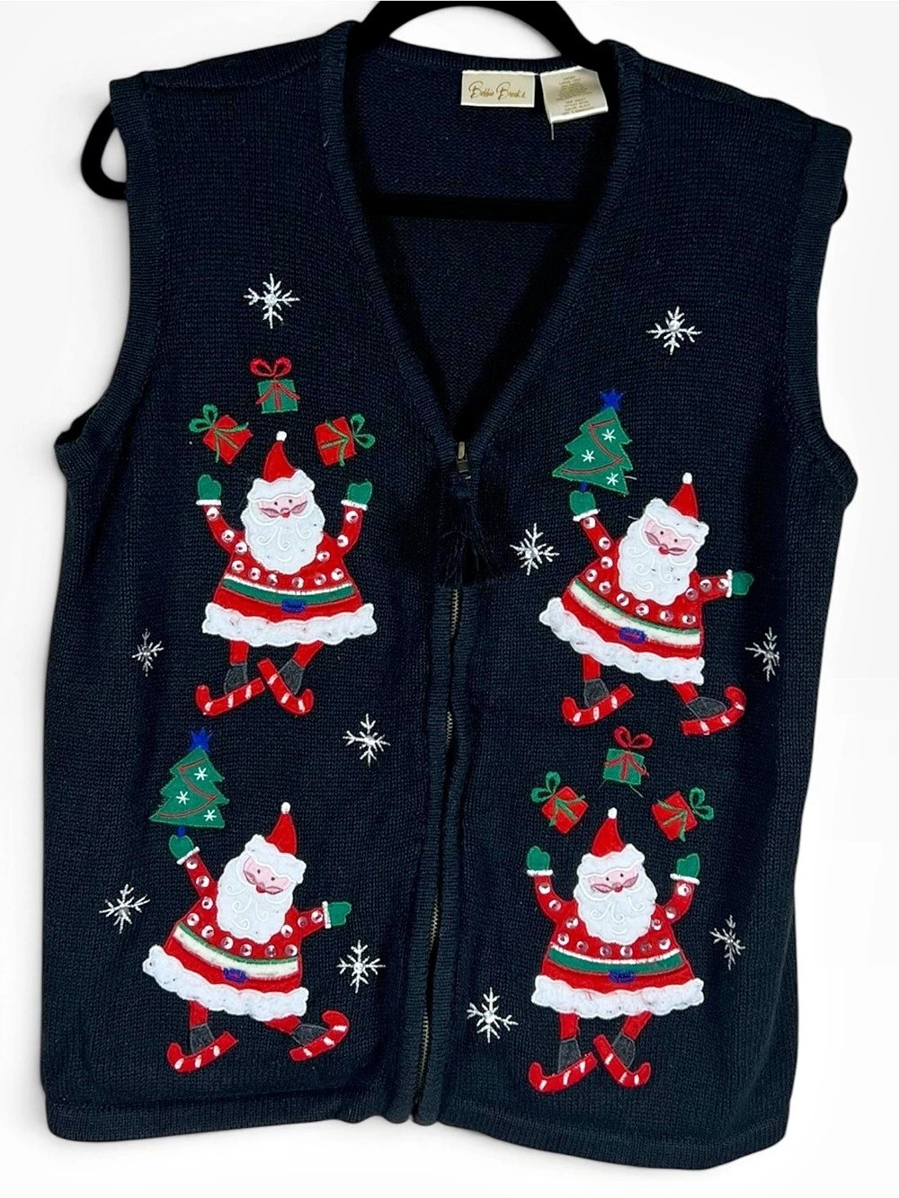 Vintage Bobbie Brooks Womens Christmas Sweater Vest Black Large Santa Whimsical